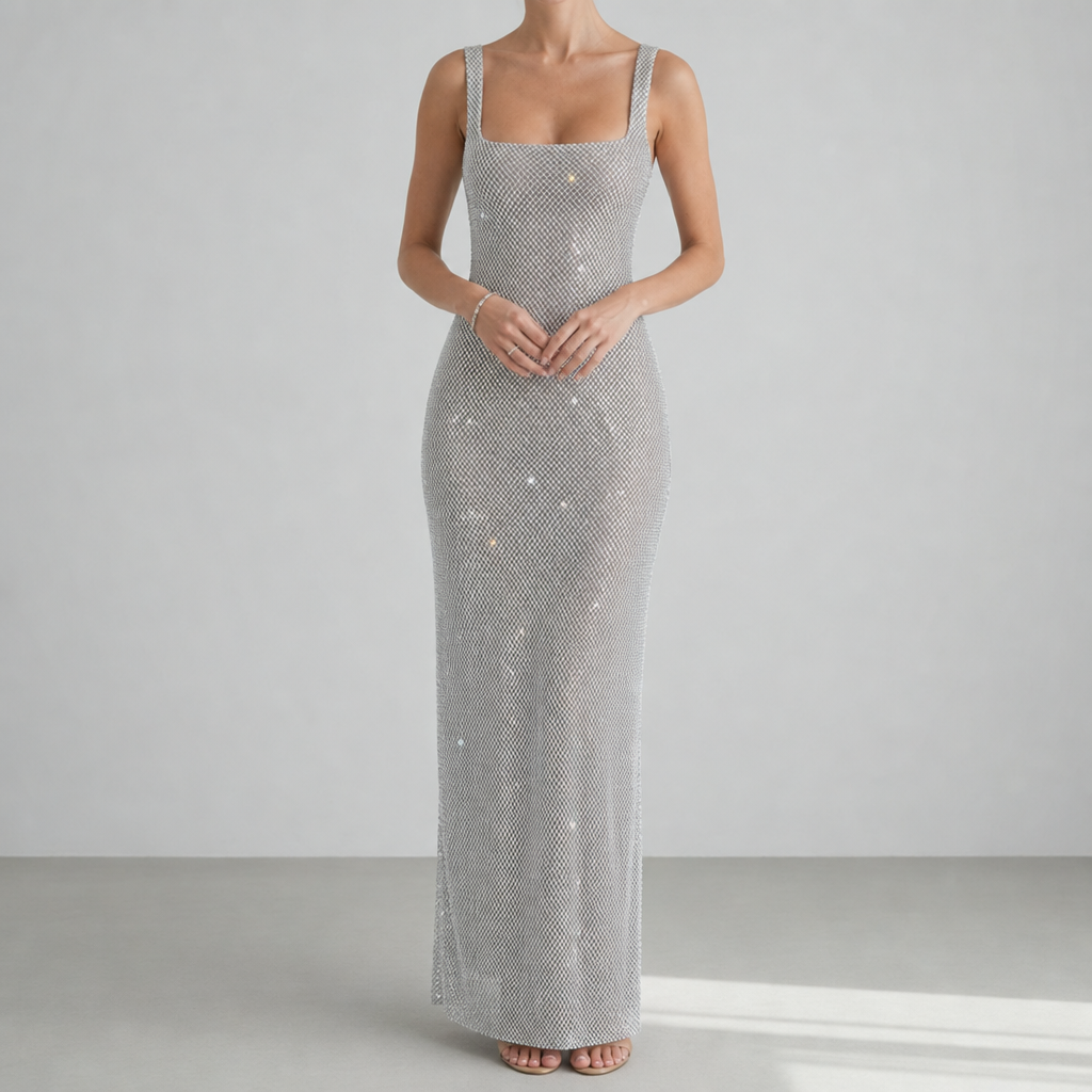 Montepulciano Backless Sequin Evening Gown in Silver