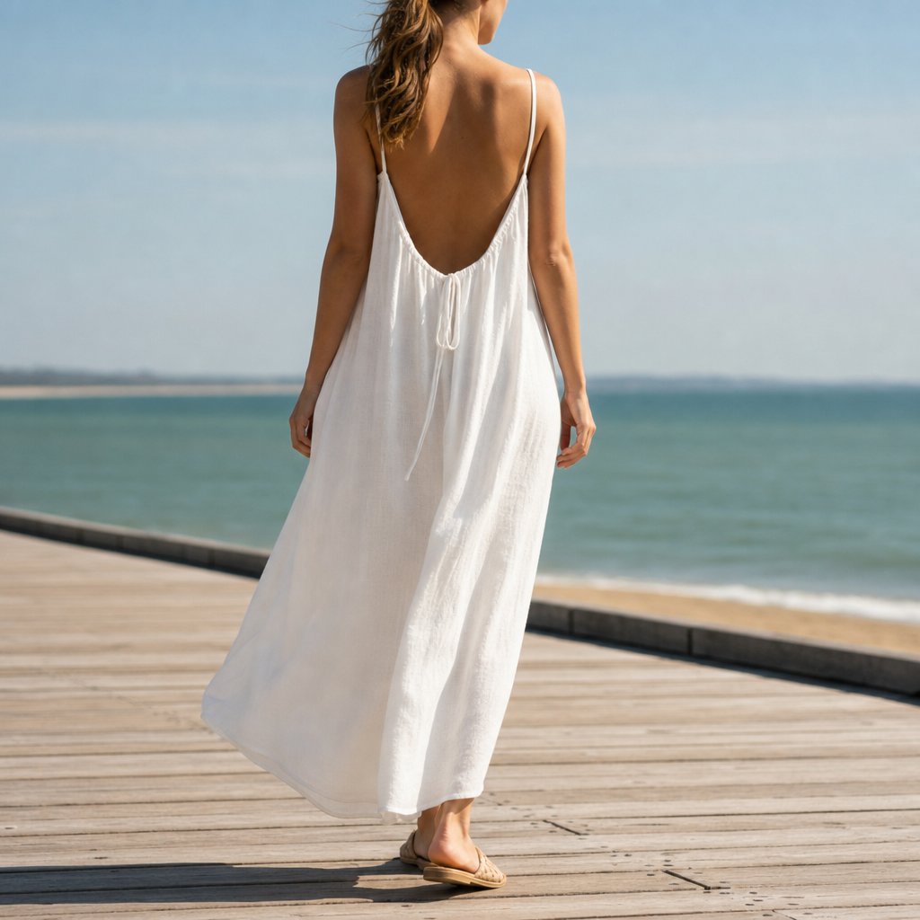 Erice Backless Linen Maxi Dress in White