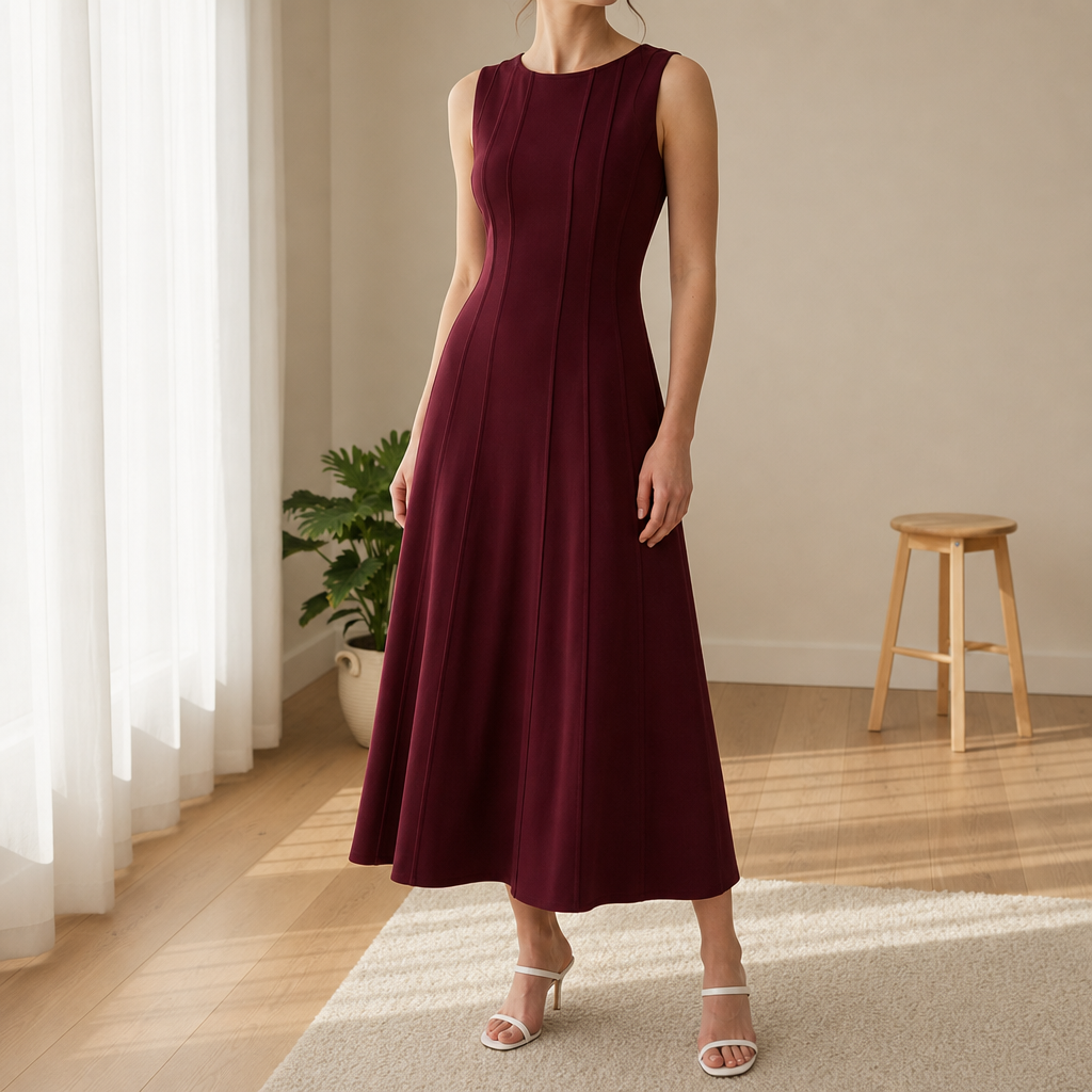 Poros Linen Panel Midi Dress in Wine Red