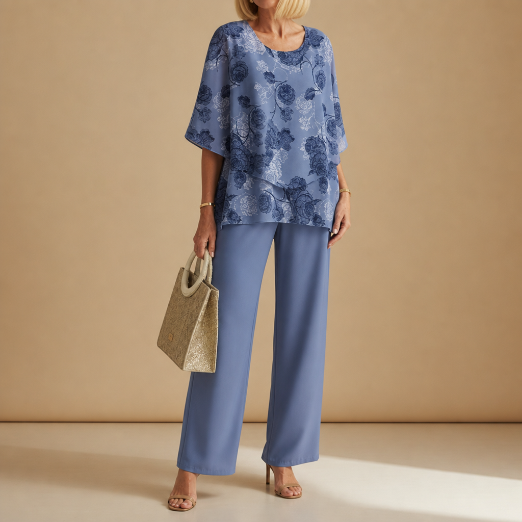 Marenzo Floral Chiffon Two-Piece Set in Slate Blue