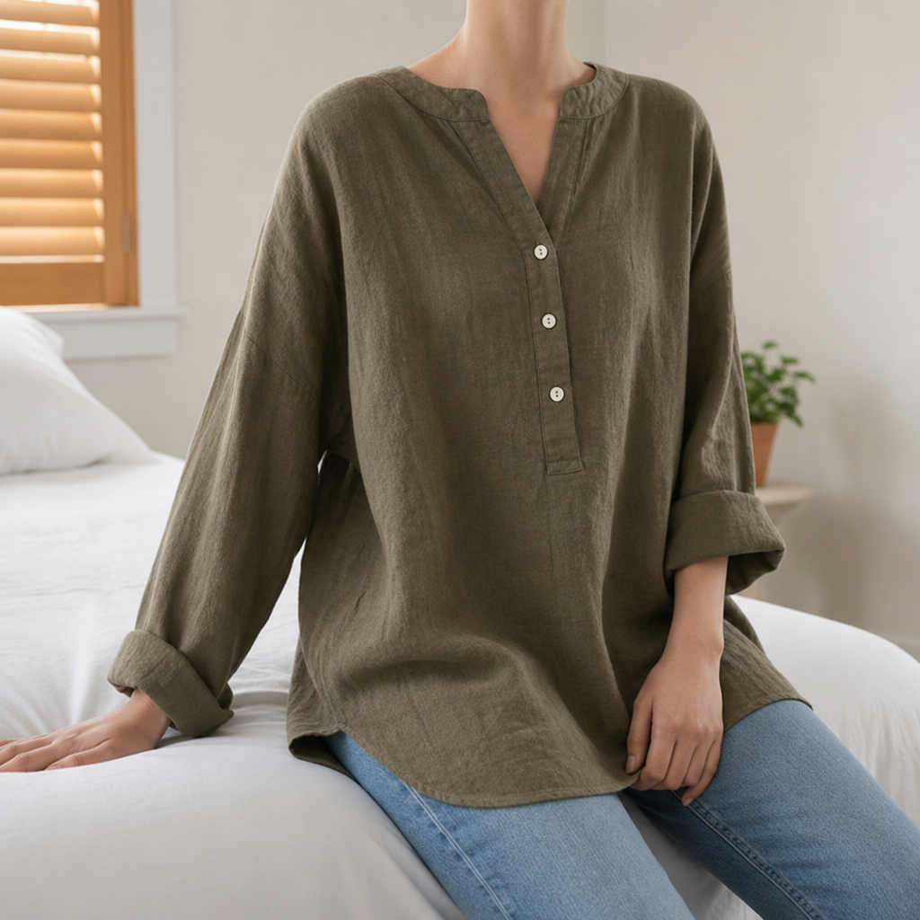 Kos Linen Button-Up Tunic in Olive Brown