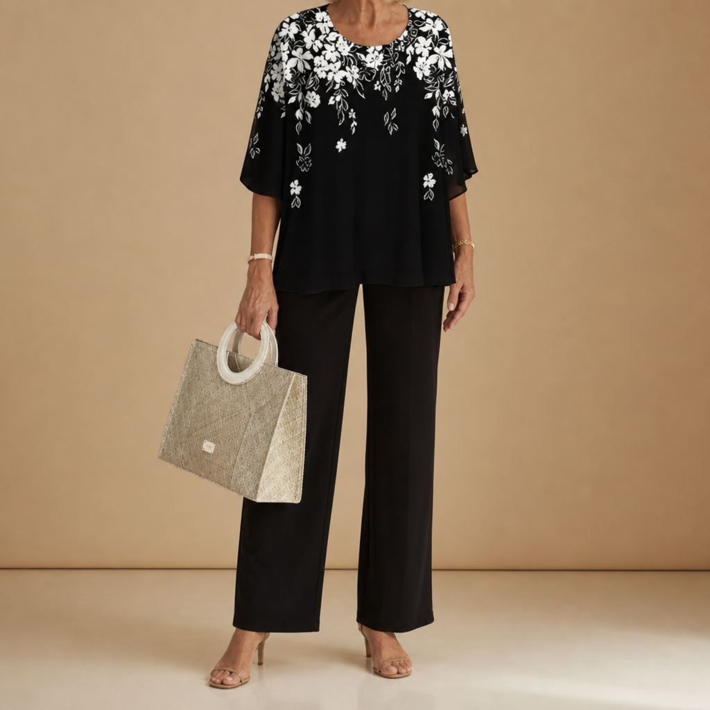 Marenzo Floral Chiffon Two-Piece Set in Black