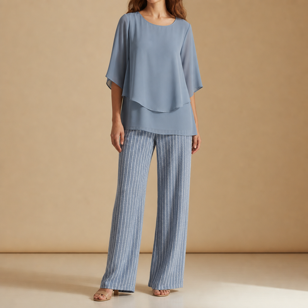 Marenzo Floral Chiffon Two-Piece Set in Dusty Blue