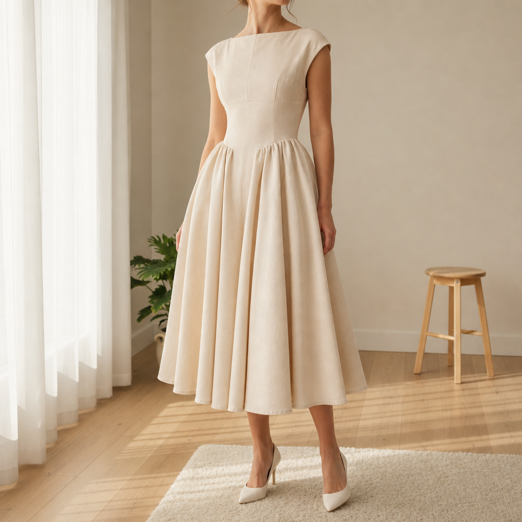Lucca Pleated A-Line Midi Dress in Apricot