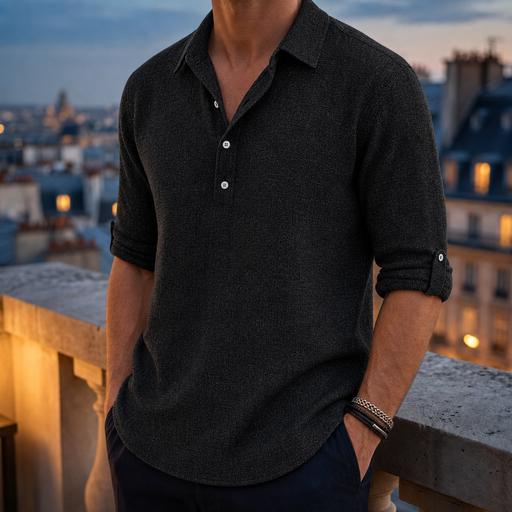 Porteza Linen Henley Shirt in Black