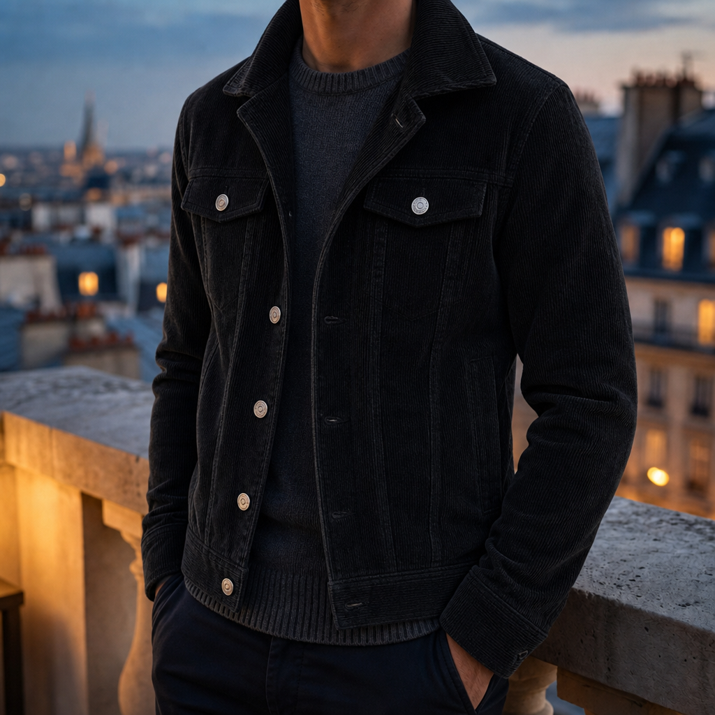 Paphos Corduroy Button-Up Jacket in Black