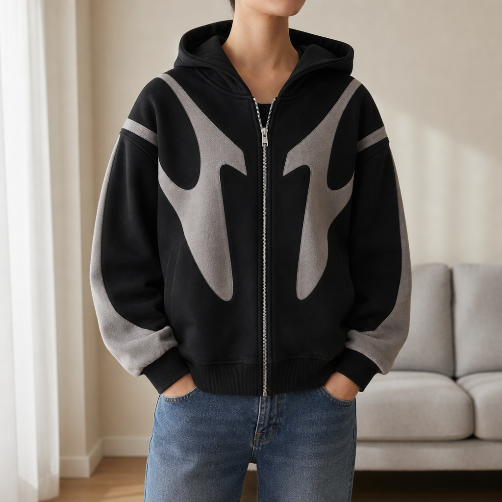 Begur Abstract Graphic Zip Hoodie in Black
