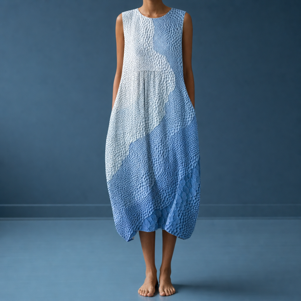 Valldemossa Plaid Tiered Midi Dress in Blue Ombre