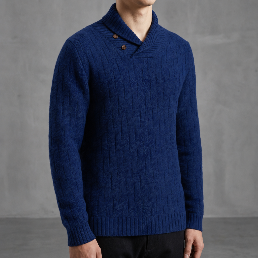 Soller Shawl Collar Knit Sweater in Navy Blue