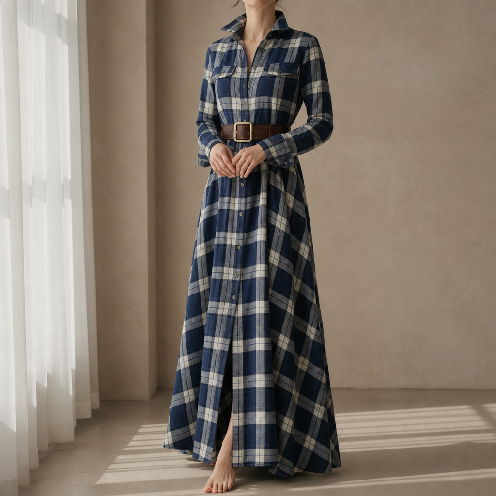 Nerja Plaid Maxi Shirt Dress in Blue