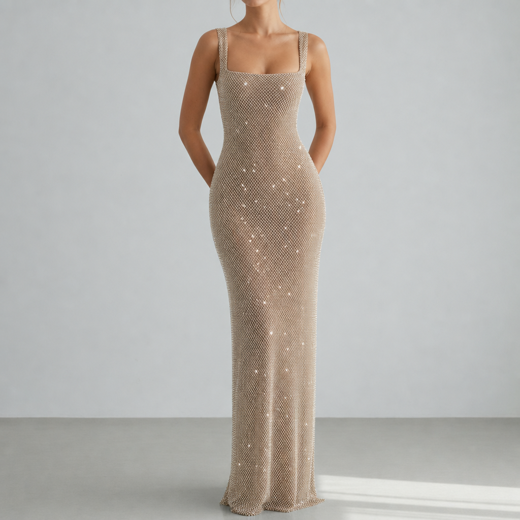 Montepulciano Backless Sequin Evening Gown in Gold