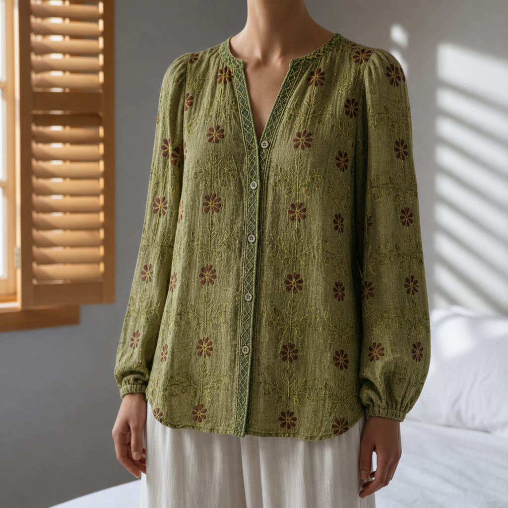 Coimbra Floral Bohemian Blouse in Olive Green