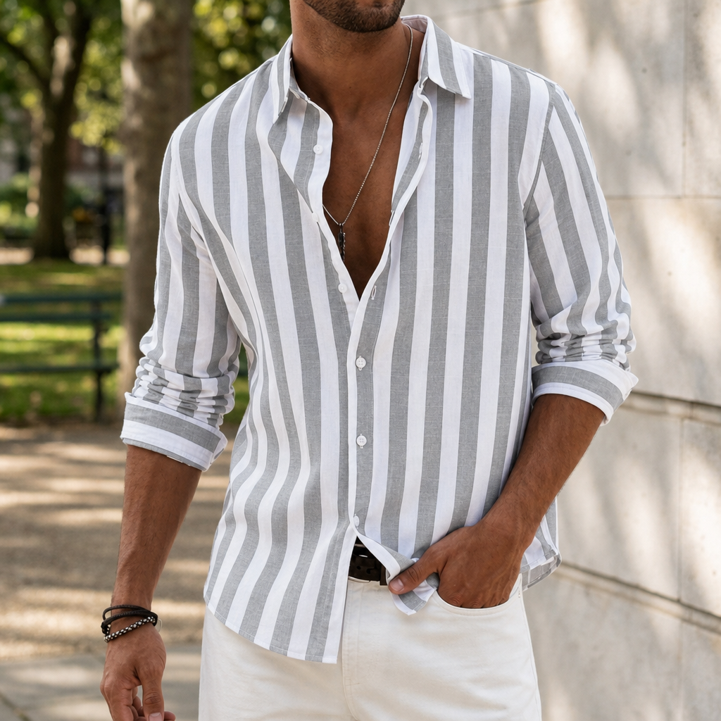 Olviera Striped Linen Button-Up in Light Gray