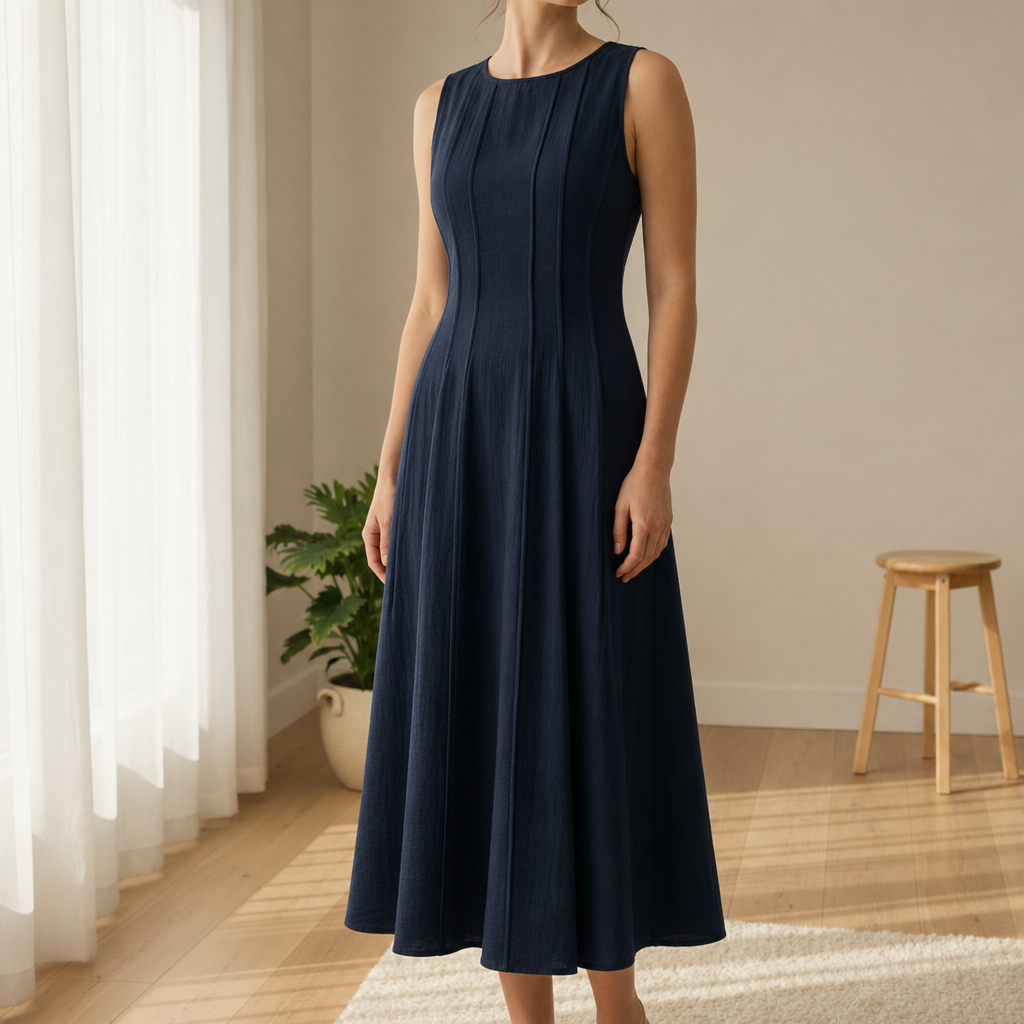 Poros Linen Panel Midi Dress in Navy Blue