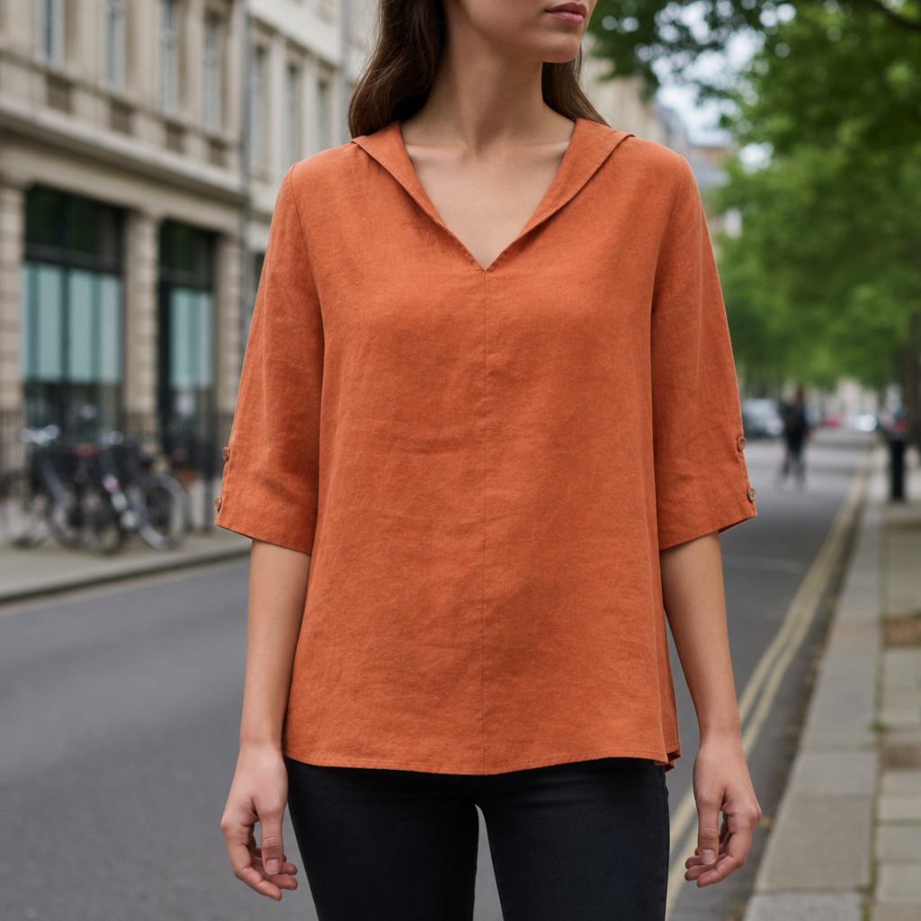 Ferrara V-Neck Linen Blouse in Burnt Orange