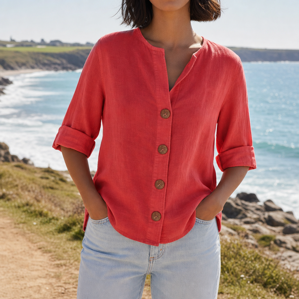 Rabat Linen Button-Up Blouse in Red