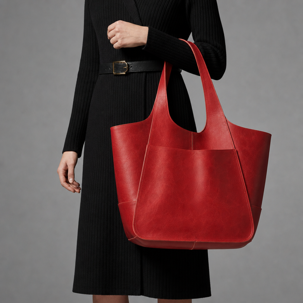 Omodos Oversized Leather Tote in Coral Red