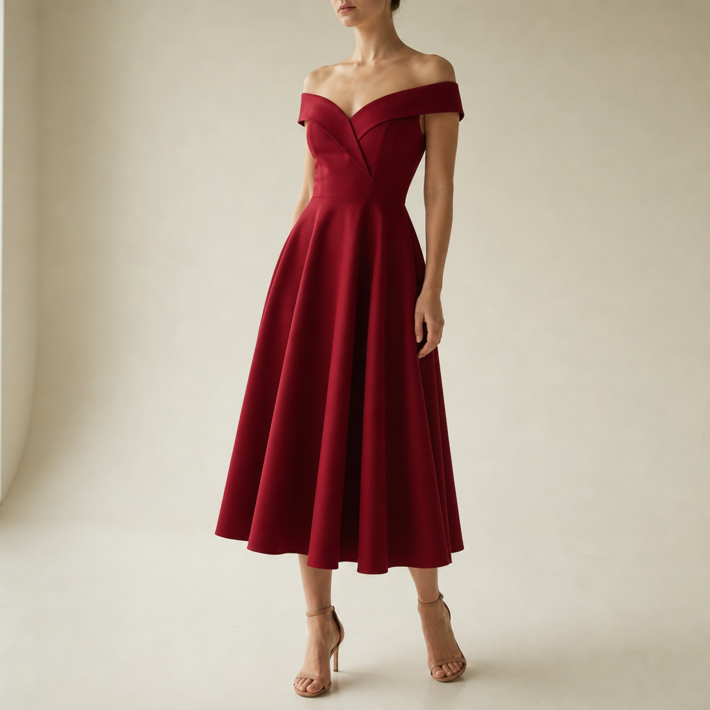 Milos Off-Shoulder A-Line Midi Dress in Red