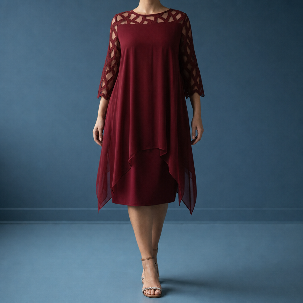 Gallipoli Lace Sleeve Chiffon Dress in Red Wine