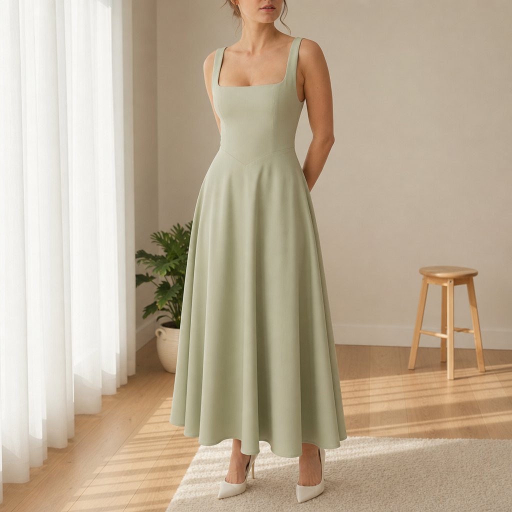 Malaga Square Neck Flare Dress in Sage Green