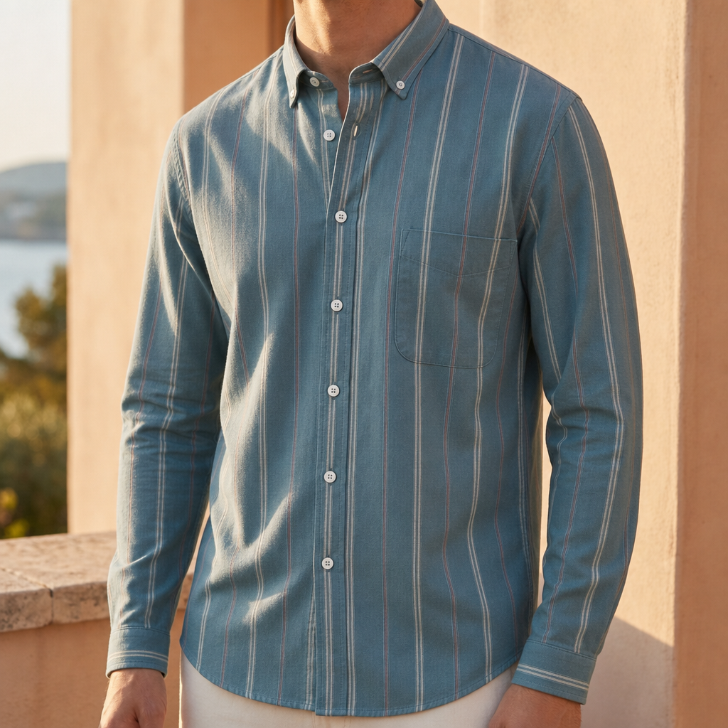 Folegandros Striped Button-Up Shirt in Slate Blue Stripe