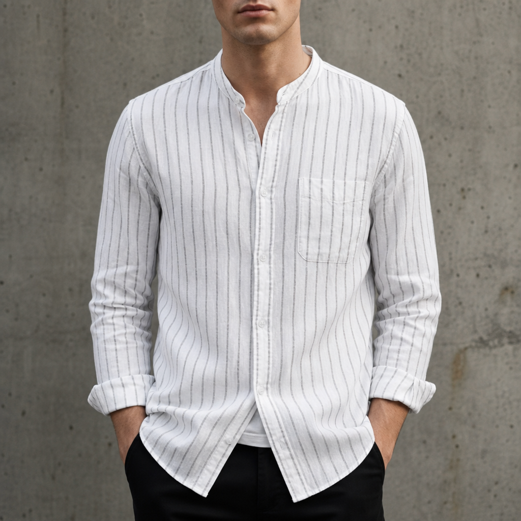 Bergamo Striped Mandarin Collar Shirt in White