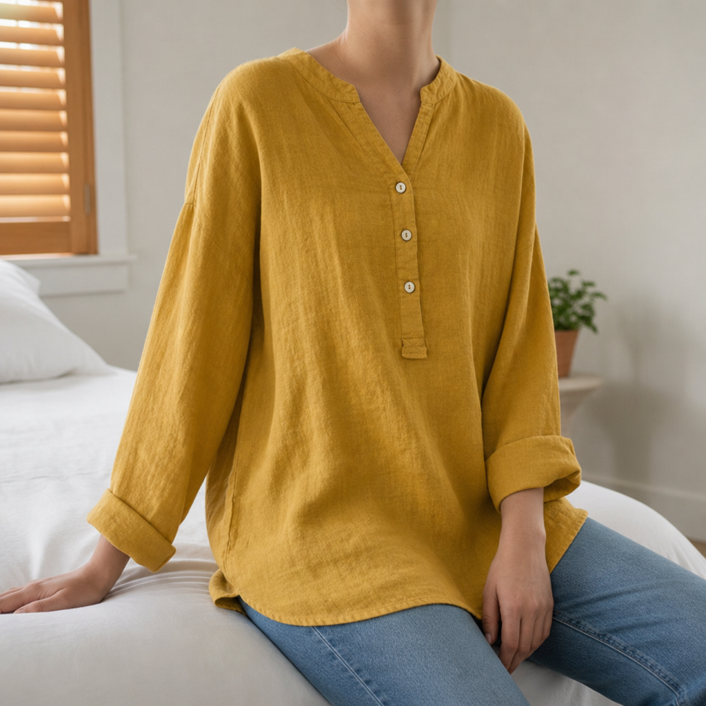 Kos Linen Button-Up Tunic in Yellow