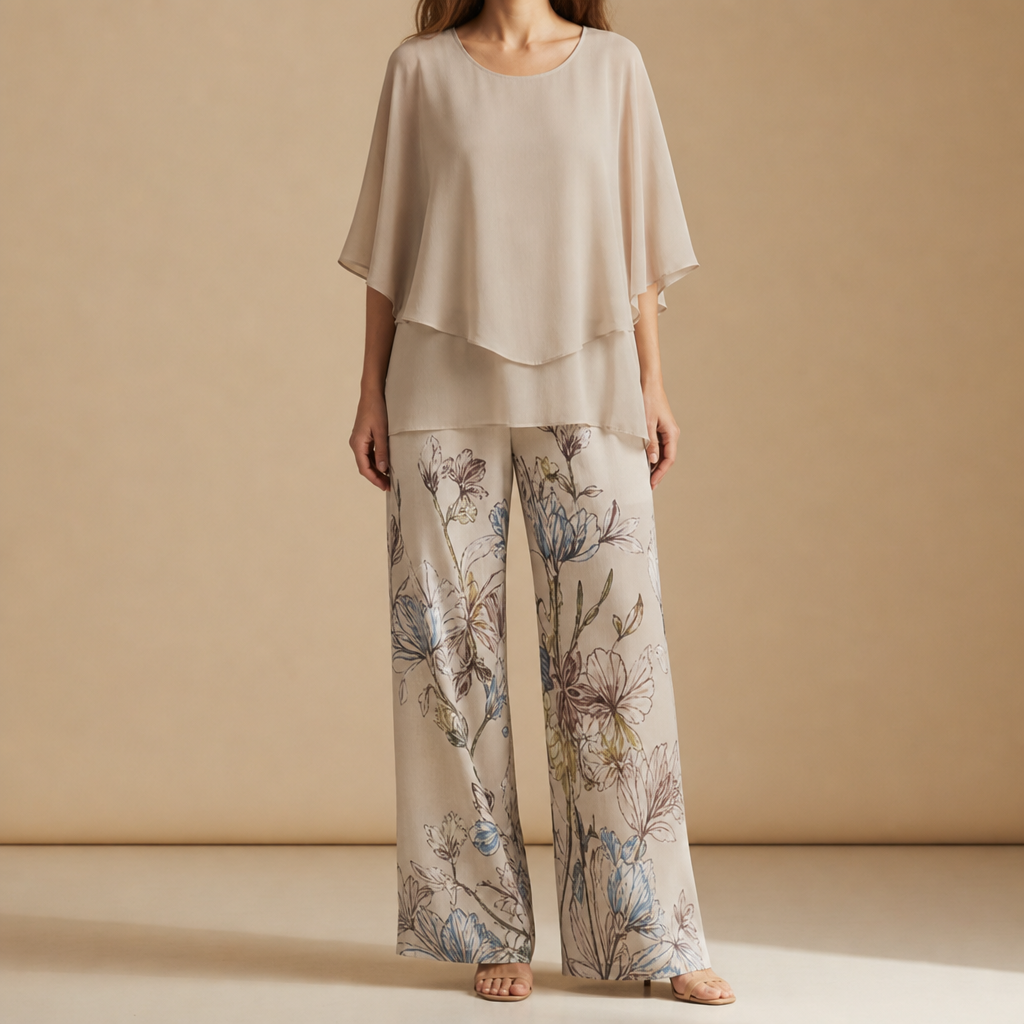 Marenzo Floral Chiffon Two-Piece Set in Khaki