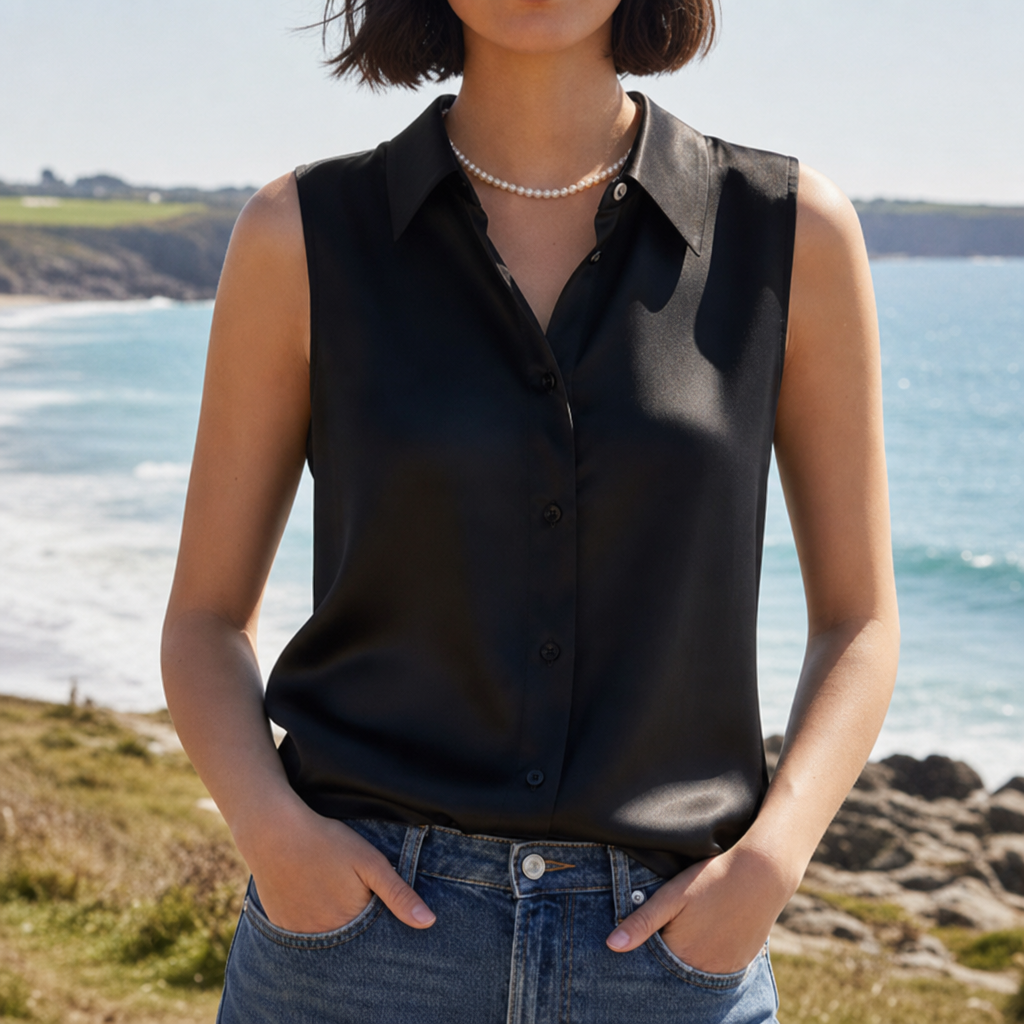 Hvar Satin Sleeveless Blouse in Black