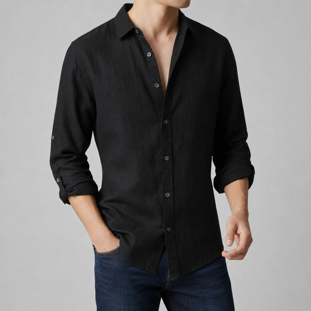 Fiesole Linen Open Collar Shirt in Black