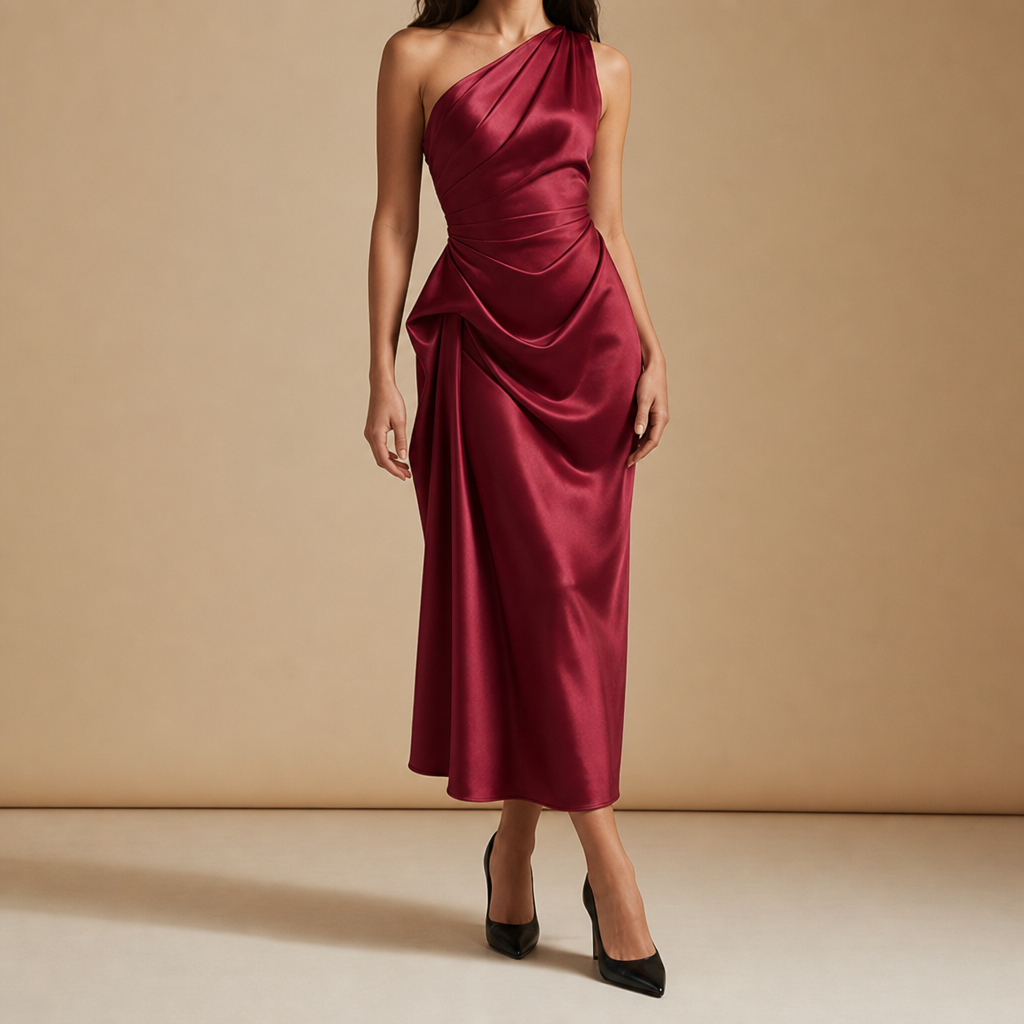Figueres Ruched Satin Midi Dress in Burgundy