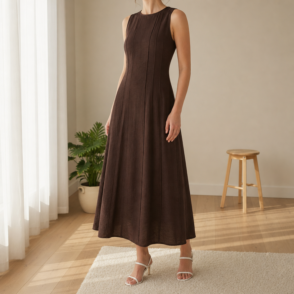 Poros Linen Panel Midi Dress in Coffee Brown