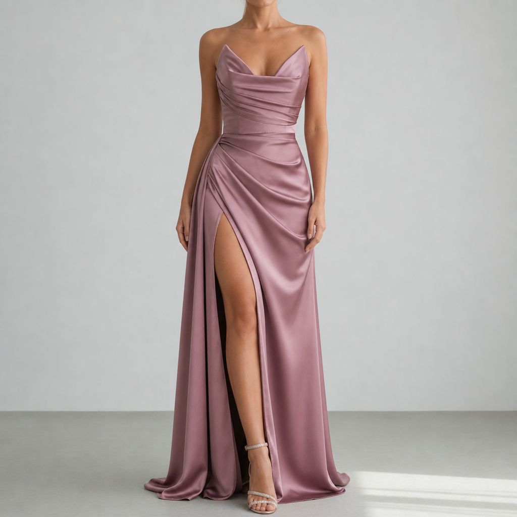 Hydra Ruched Satin Maxi Gown in Dusty Rose