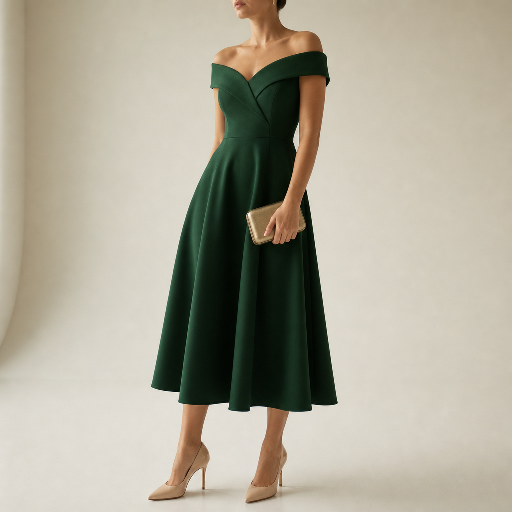 Milos Off-Shoulder A-Line Midi Dress in Green