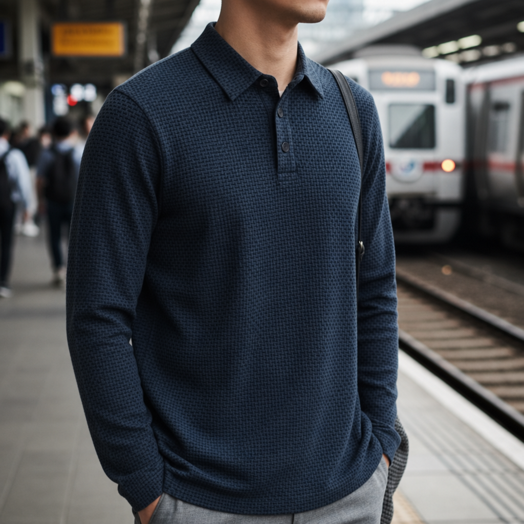 Skopelos Textured Silk Polo in Navy