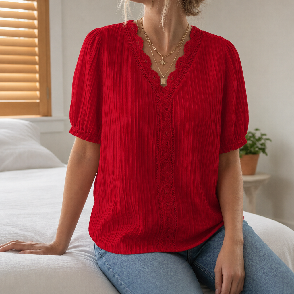 Porec Lace Trim V-Neck Blouse in Red