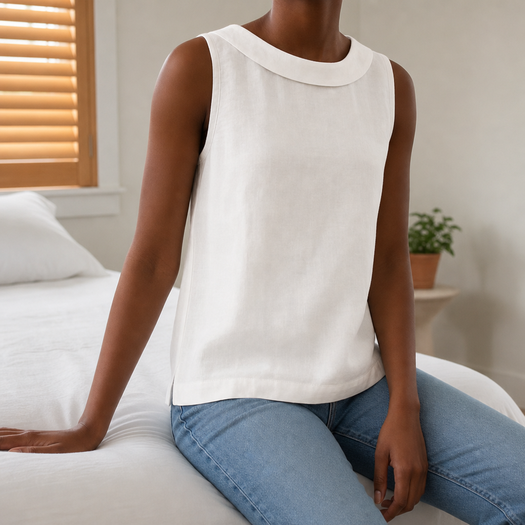 Delphi Roll Collar Sleeveless Blouse in White