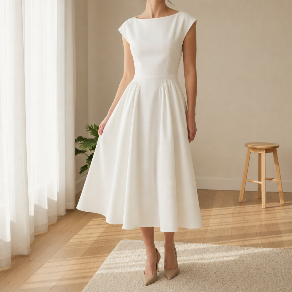 Lucca Pleated A-Line Midi Dress in White