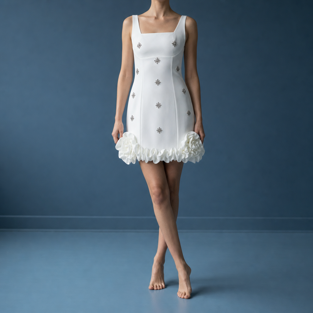 Monsaraz Rhinestone Ruffle Hem Mini Dress in White