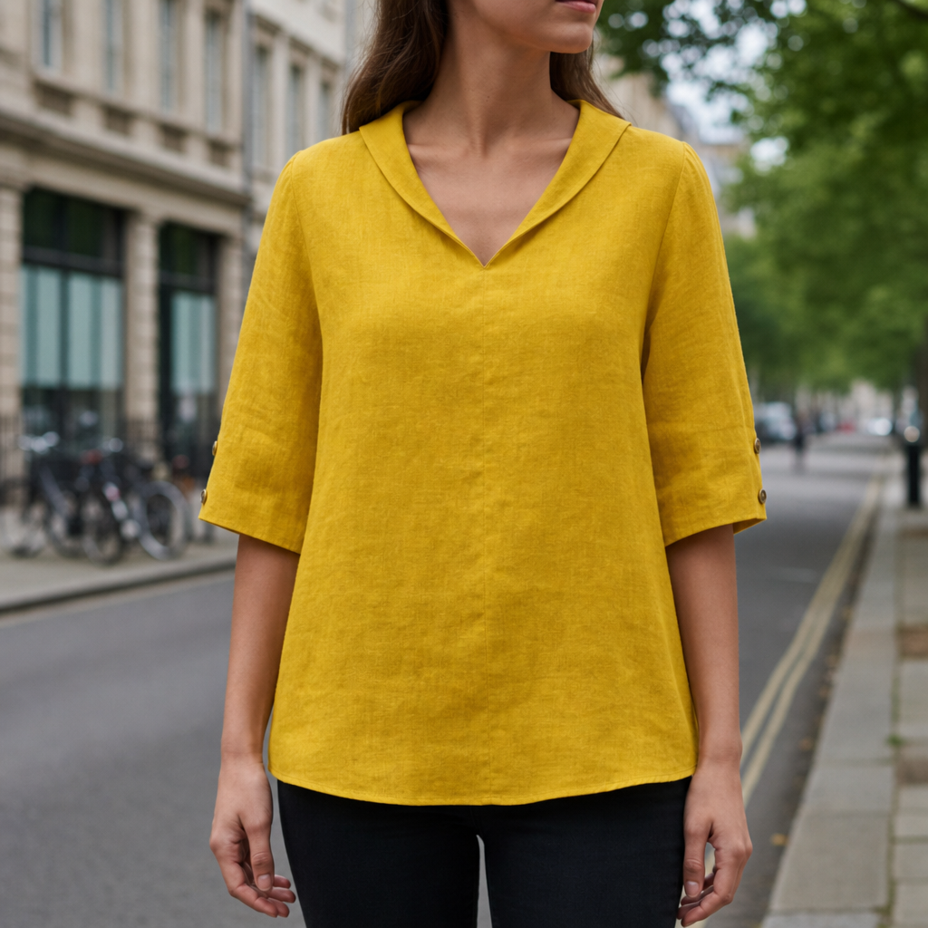 Ferrara V-Neck Linen Blouse in Mustard Yellow
