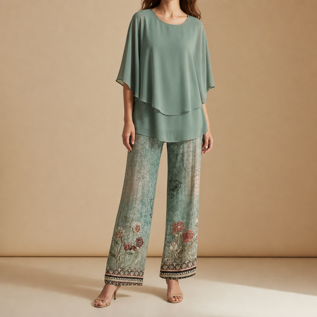 Marenzo Floral Chiffon Two-Piece Set in Green