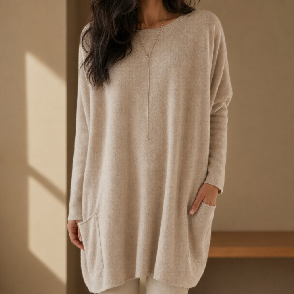 Sarentina Relaxed Pocket Tunic Sweater in Beige