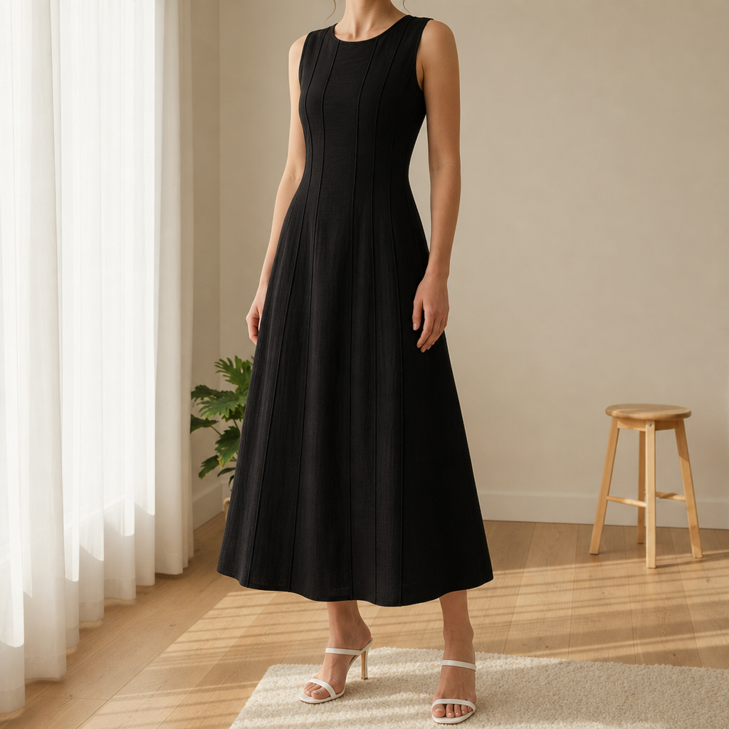 Poros Linen Panel Midi Dress in Black