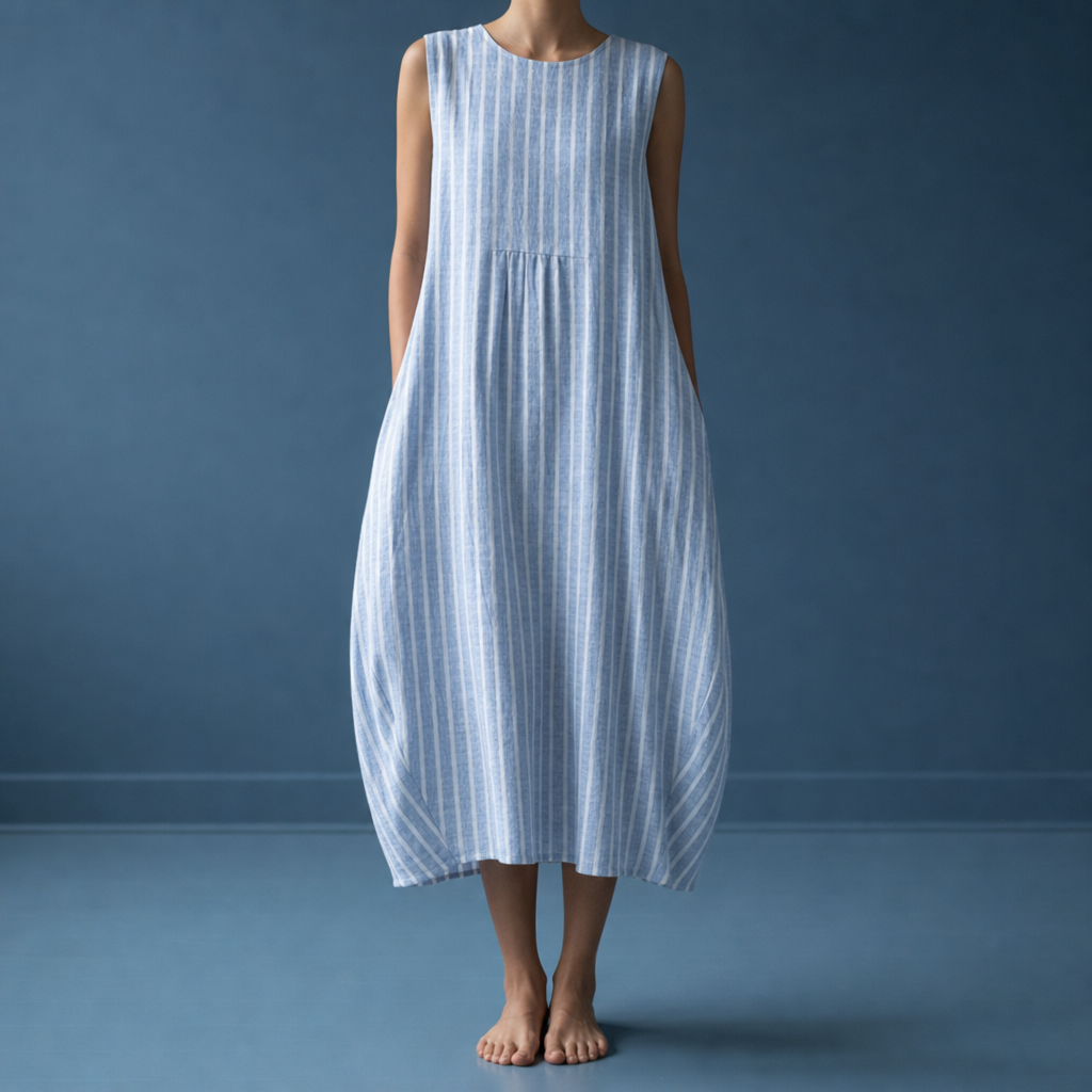 Valldemossa Plaid Tiered Midi Dress in Blue & White Stripe