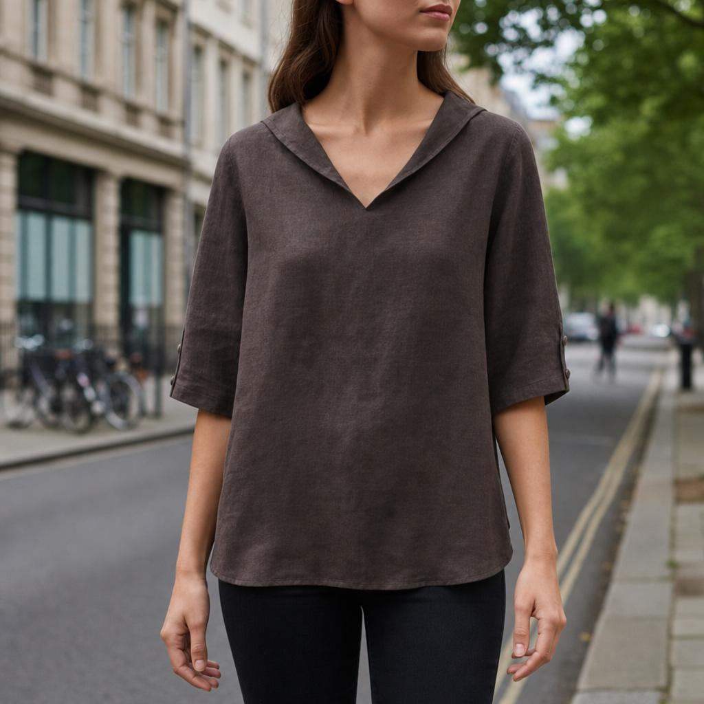 Ferrara V-Neck Linen Blouse in Chocolate Brown