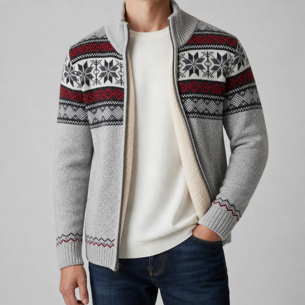 Obidos Nordic Fleece-Lined Cardigan in Charcoal Red