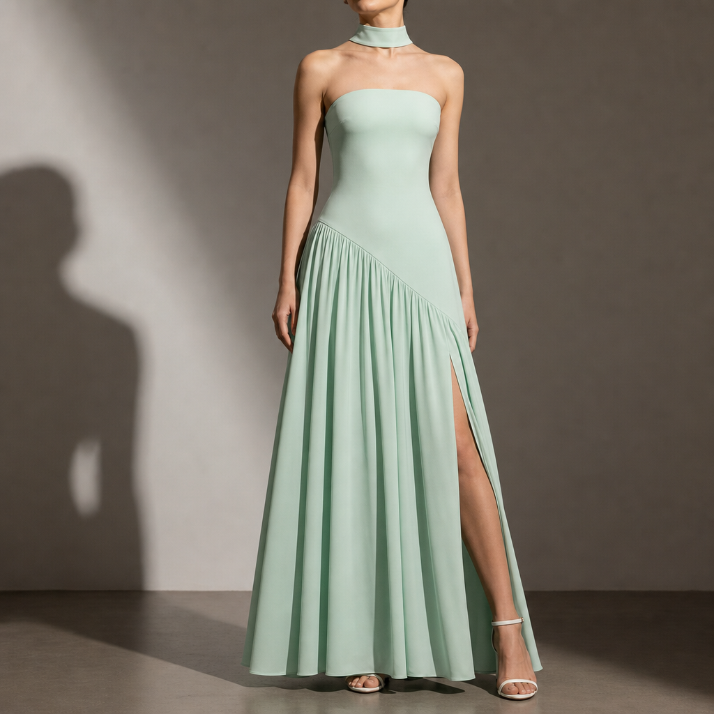 Leros Strapless Slit Maxi Dress in Mint Green