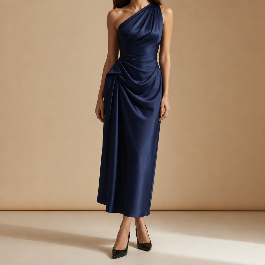 Figueres Ruched Satin Midi Dress in Navy Blue