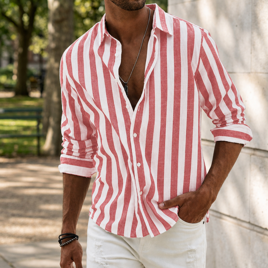 Olviera Striped Linen Button-Up in Red