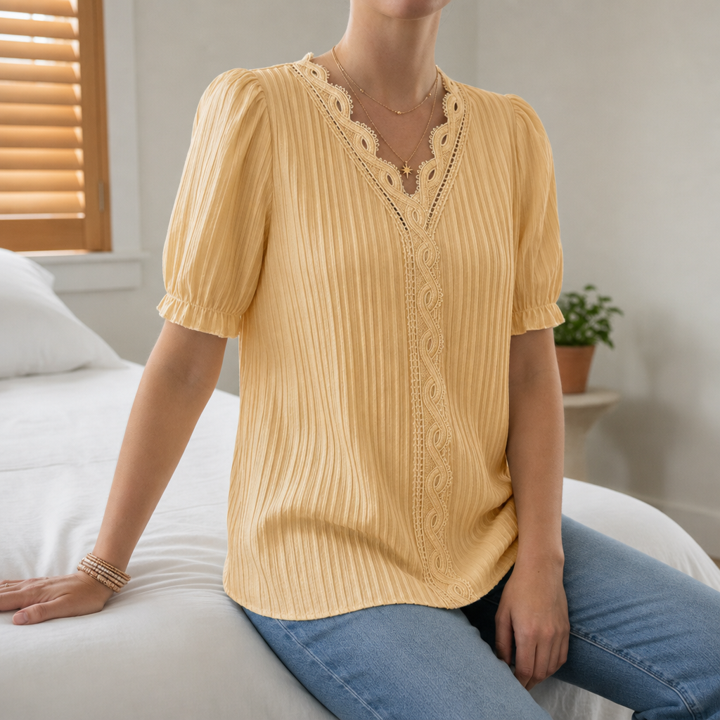 Porec Lace Trim V-Neck Blouse in Yellow